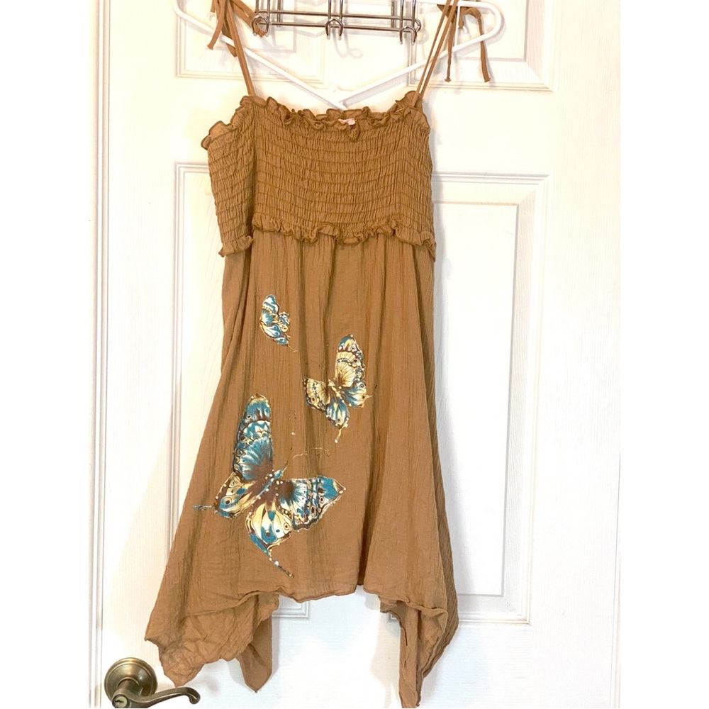 Boho Style ‘Tube Top’. Light Brown. Tie Straps. Sequined Butterflies. Long Tunic